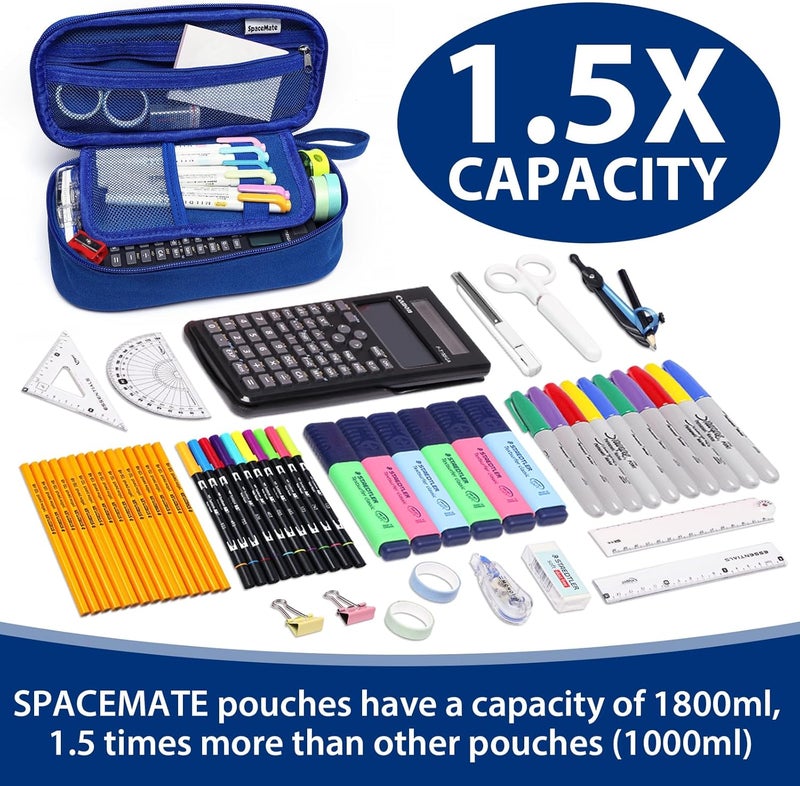 SPACEMATE Pencil Case Pouch Box Bag School Supplies Girls Boys Kids, Cute Preppy Stuff Large Big Capacity Aesthetic Pen Organizer, Back to College Stationary, Sapphire Blue, Heavy Duty Canvas, 1800ml - Image 2